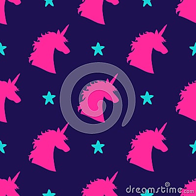 Vector seamless pattern with magical unicorn head silhouettes and stars Vector Illustration