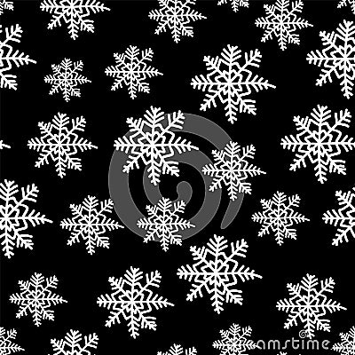 Vector seamless pattern, minimalist white invers snowflake on white background, simple pattern, different sizes, black Vector Illustration