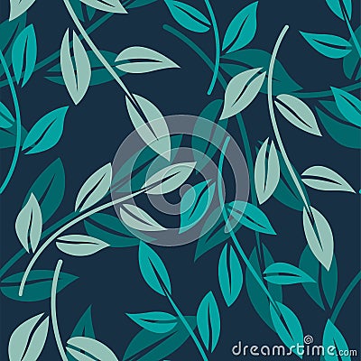 Vector seamless pattern with minimalistic leaves. Botanical background in the blue colors Vector Illustration