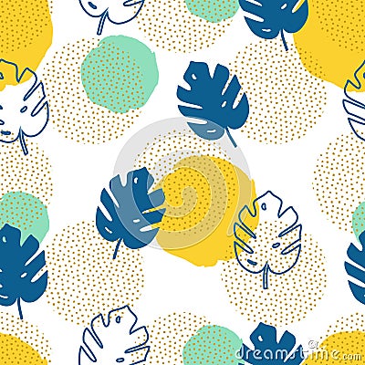 Vector seamless pattern with monstera palm leaves and geometric elements Vector Illustration
