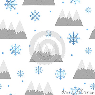 Vector seamless pattern with mountains and snowflakes. Winter repeating background. Vector Illustration