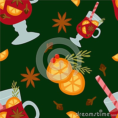 Vector seamless pattern with Mulled wine in flat design. Orange slices, Anise, Cinnamon, Clove, Straw isolated. Autumn and winter Vector Illustration