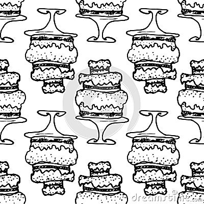 Vector seamless pattern of a multi-tiered cream cake on a stand with a dot texture, hand-drawn in doodle style with a black line Vector Illustration