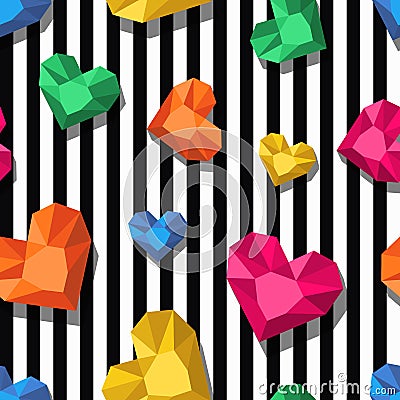 Vector seamless pattern. Multicolor jewel, gems in heart shape on black white stripes. Vector Illustration