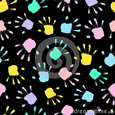 Vector seamless pattern. Multicolored handprint. Joyful hand print. Funny background. Handprint baby. Colorful backdrop. Modern tr Vector Illustration