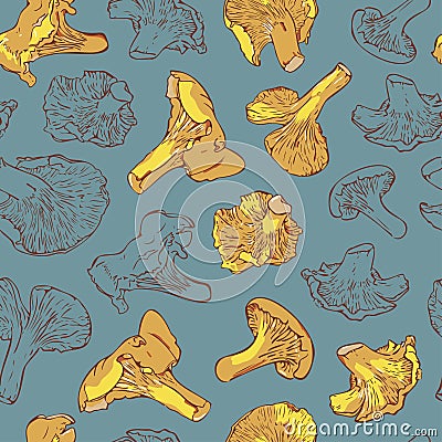 Vector seamless pattern with mushrooms on a blue background. Vector Illustration