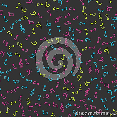 Vector seamless pattern with music notes in a chaotic manner on a dark background Vector Illustration