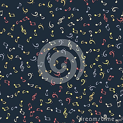 Vector seamless pattern with music notes in a chaotic manner on a dark background Vector Illustration