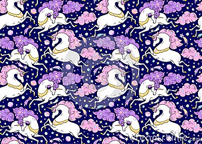 Vector seamless pattern with mythical animals. Galloping cute white unicorns with golden horn, pink, violet mane, tail. Stock Photo