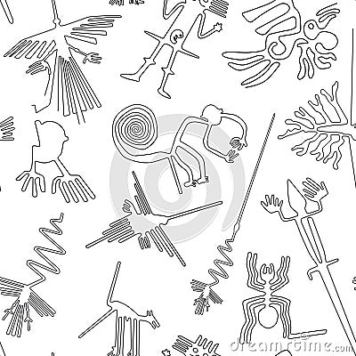 Vector seamless pattern, Nazca lines creatures from Nazca desert in Peru Stock Photo