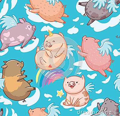 Seamless pattern with mini piggy in the clouds. Vector Illustration. Vector Illustration