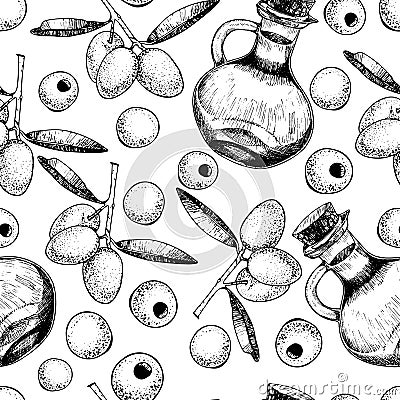 Vector seamless pattern of olive. Hand drawn engraved art. Vector Illustration