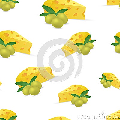 Vector seamless pattern of olives with leaves and cheese on a white background. For printing on fabrics, packaging Vector Illustration