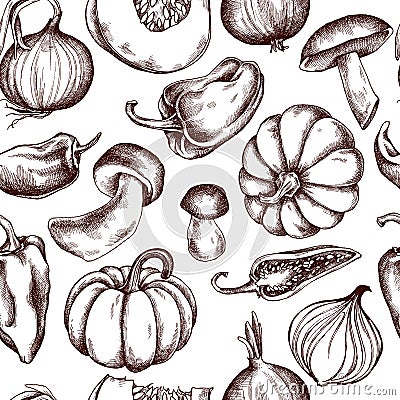 Vector seamless pattern of onions, mushrooms, pumpkins, peppers. Hand drawn vector illustration Vector Illustration