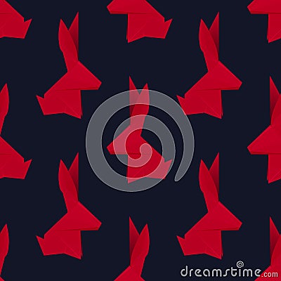 Vector seamless pattern with origami red rabbits on dark background. Texture with polygonal hares. Symbol of Chinese of New year Vector Illustration