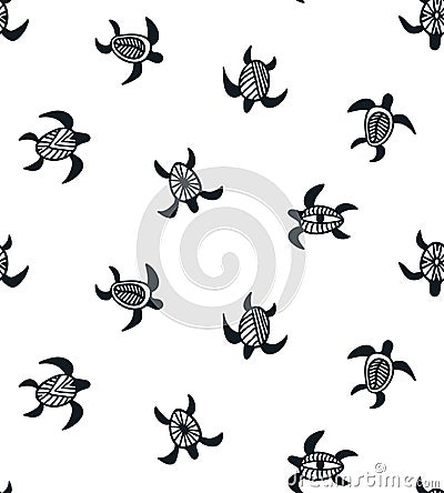 Vector seamless pattern with ornamental ocean turtles. Black ethnic, hand drawn fabric design. Vector Illustration