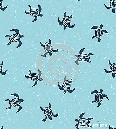 Vector seamless pattern with ornamental ocean turtles. Blue ethnic, hand drawn Vector Illustration