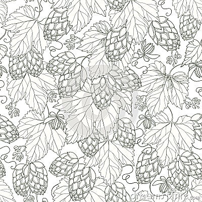 Vector seamless pattern with ornate Hops with leaves in black on the white background. Vector Illustration