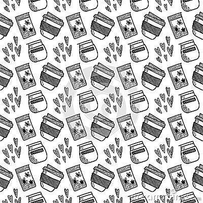 Vector seamless pattern. Outline Illustrations of reusable cups. Coffee and tea mugs for take away drinks. For Vector Illustration