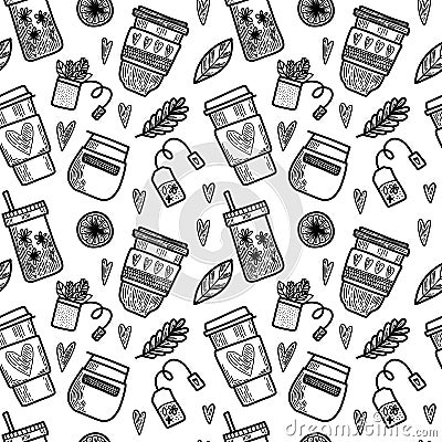 Vector seamless pattern. Outline Illustrations of reusable cups. Coffee and tea mugs for take away drinks. For Vector Illustration
