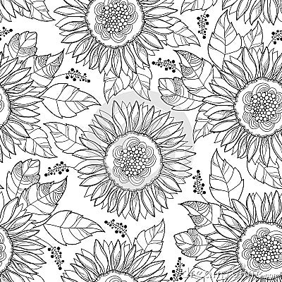 Vector seamless pattern with outline open Sunflower or Helianthus flower and leaves on the white background. Floral pattern. Vector Illustration