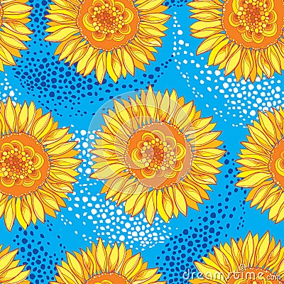 Vector seamless pattern with outline open Sunflower or Helianthus flower in yellow and orange on the blue background. Vector Illustration