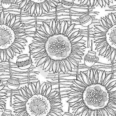 Vector seamless pattern with outline open Sunflower, wicker fence and jug on the white background. Floral summer pattern. Vector Illustration