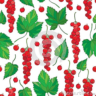Vector seamless pattern with outline Red currant berry bunch and green leaves on the white background. Background with red berry. Vector Illustration
