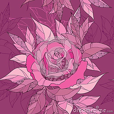 Vector seamless pattern with outline rose flower and ornate foliage in pink on the maroon background. Elegance floral background. Vector Illustration