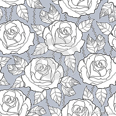 Vector seamless pattern with outline rose flower, stems and leaves in black on the gray background. Elegance floral background. Vector Illustration