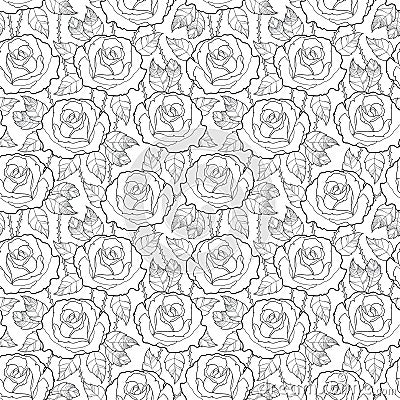 Vector seamless pattern with outline rose flower, stems and leaves in black on the white background. Elegance floral background. Vector Illustration