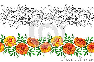 Vector seamless pattern with outline Tagetes or Marigold flower and leaf in orange and black on the white background. Vector Illustration