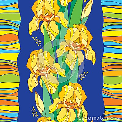 Vector seamless pattern with outline yellow Iris flower, bud, green leaf and stripes on the blue background. Floral background. Vector Illustration