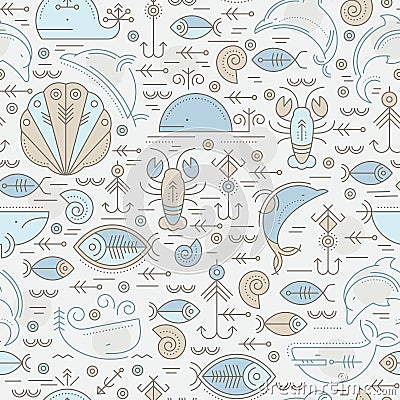 Vector seamless pattern with outlined sea animals signs Vector Illustration