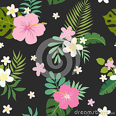 Vector seamless pattern with palm leaves and flowers Vector Illustration