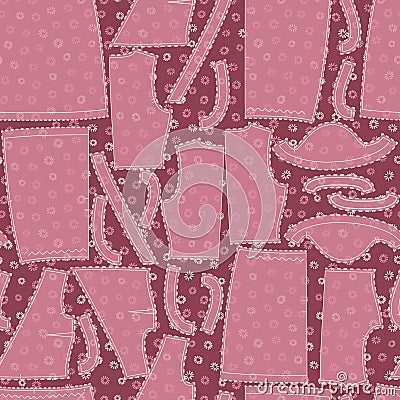 Vector seamless pattern with paper sewing patterns on pink floral fabric background for fabric, scrapbooking and craft Vector Illustration