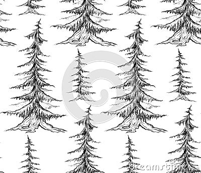 Vector seamless pattern with pencil sketch fir trees on a white background. Rustic forest background Vector Illustration