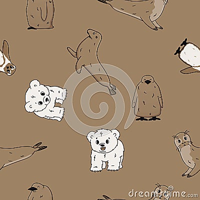 Vector seamless pattern of Penguin, king penguin chick, fur seal, polar bear cub, small Common seal. Set of isolated brown cartoon Vector Illustration