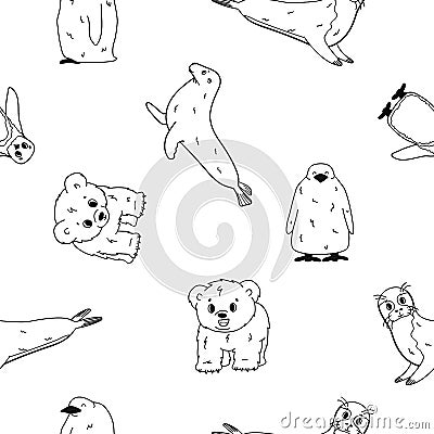 Vector seamless pattern of Penguin, king penguin chick, fur seal, polar bear cub, small Common seal. Set of isolated small cartoon Vector Illustration