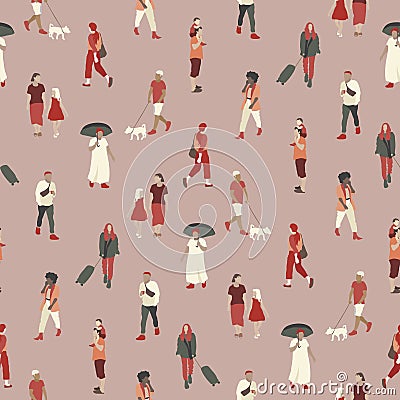 Vector seamless pattern with people walking on the street. Men, women, children outdoors with different kinds of activities Vector Illustration
