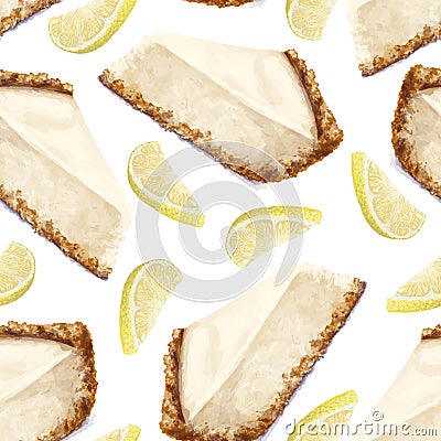 Vector seamless pattern piece of cheesecake cake, lemon.Delicate creamy-curd cheese. Scattered lemon halves. Crisp, crumbly cake Stock Photo