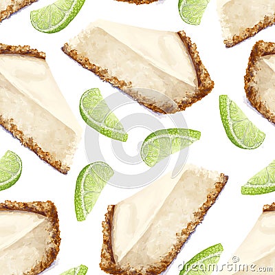 Vector seamless pattern piece of cheesecake cake, lime halves. Delicate creamy-curd cheese. Scattered limes. Crisp Stock Photo