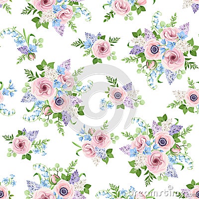 Seamless pattern with pink, blue and purple flowers. Vector illustration. Vector Illustration
