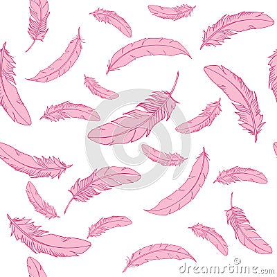 Vector seamless pattern with pink falling feathers on white background in cute cartoon style. Hand drawn vector illustration Vector Illustration