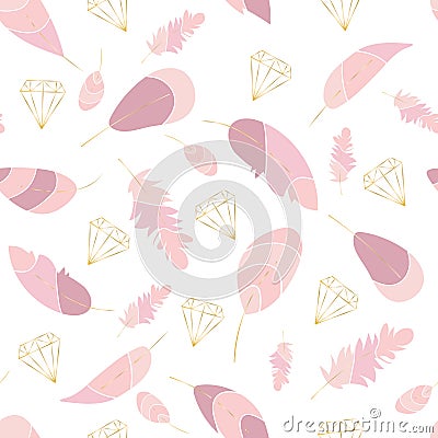 Vector seamless pattern with pink feathers and gold contours of crystals,diamonds. Soft colored print. Stylish,trendy, elegant des Vector Illustration