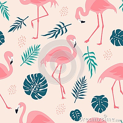 Vector seamless pattern with pink flamingos and tropical palm leaves. Hand Drawn illustration. Vector Illustration