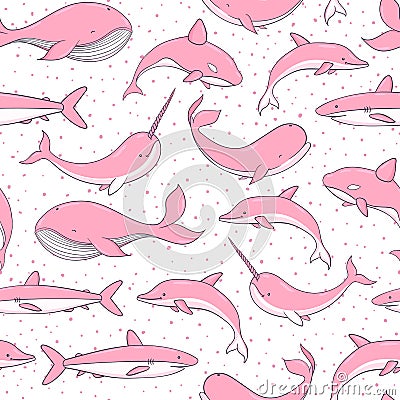 Vector seamless pattern with pink whales, sharks, narwhals and d Vector Illustration