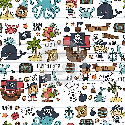 Vector seamless pattern Pirate party for children Kindergarten Kids children drawing style illustration Picutre with Vector Illustration