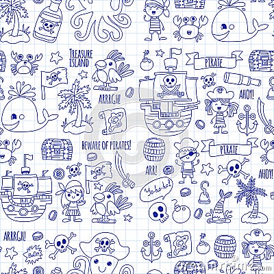 Vector seamless pattern Pirate party for children Kindergarten Kids children drawing style illustration Picutre with Vector Illustration