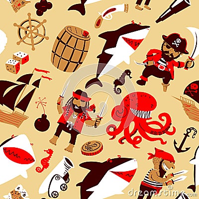 Vector seamless pattern with pirates and sharks Vector Illustration